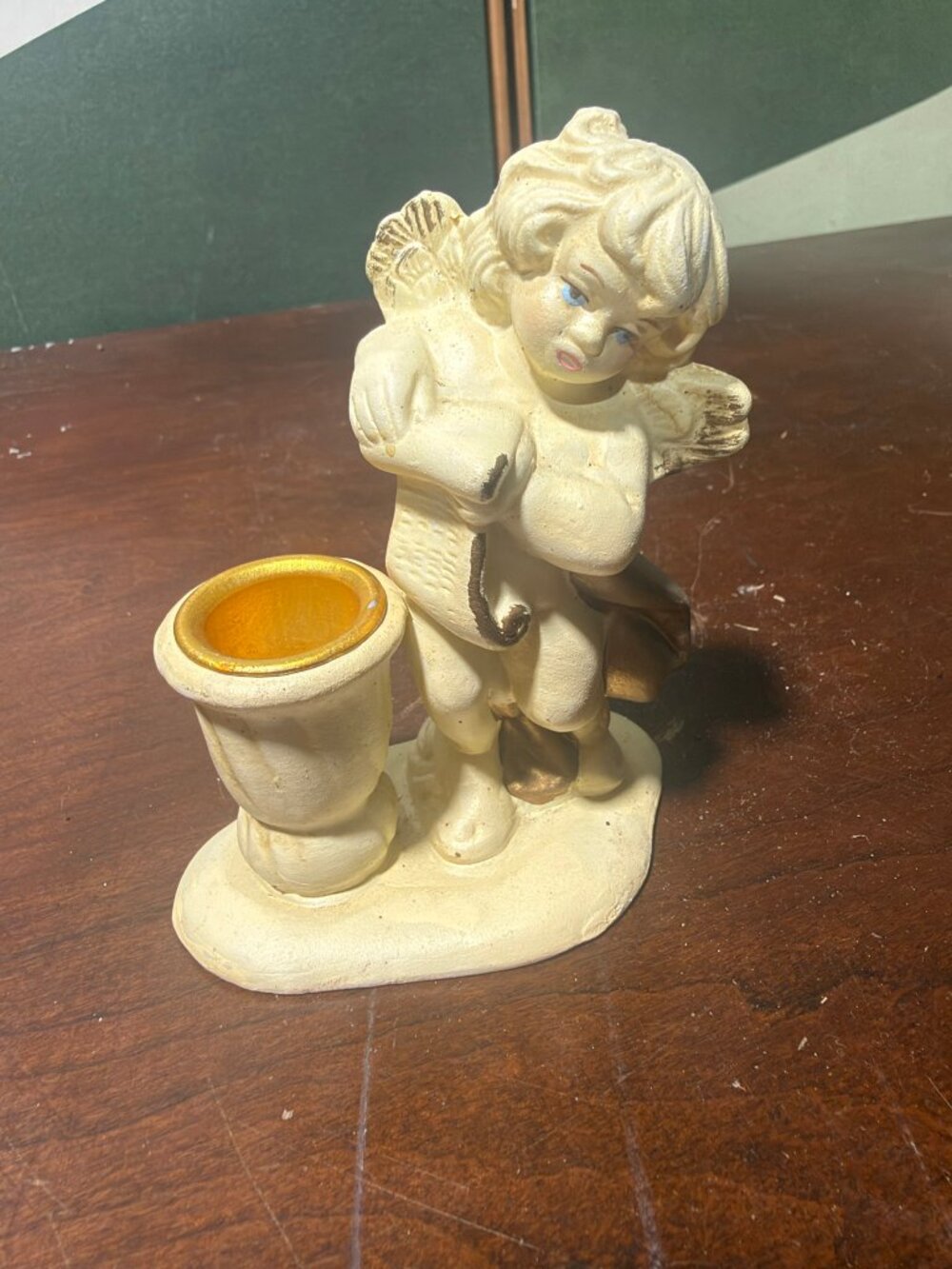 Vintage Cherub Taper Candle Holder – Ivory & Gold Angel Figurine